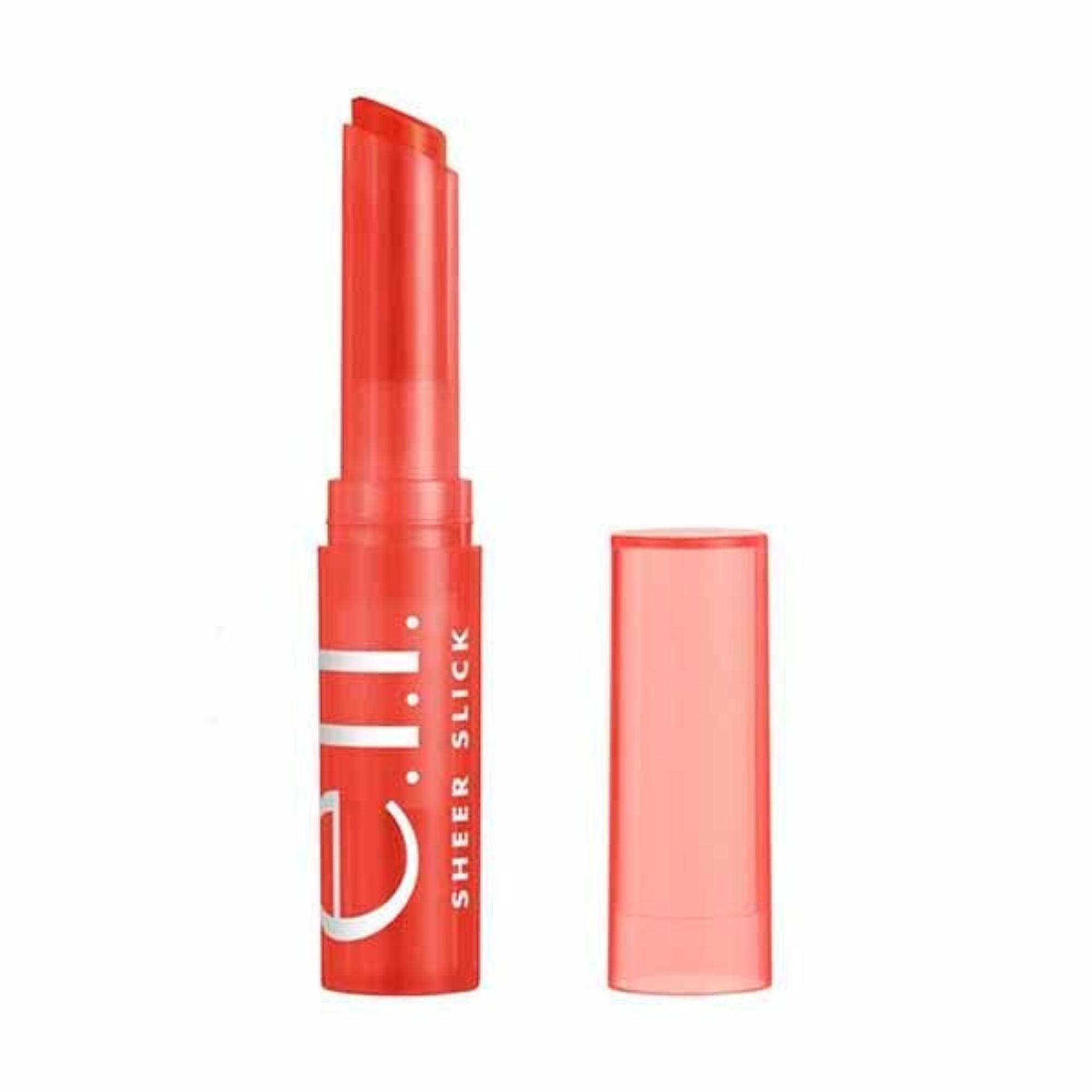 e.l.f. sheer lipstick in orange shade with open cap on a white background