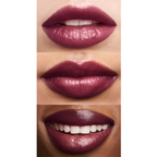 Close-up of three different models wearing black cherry lipstick on lips with a white background