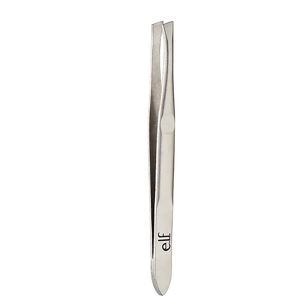 Pair of silver tweezers with 'elf' branding on a white background