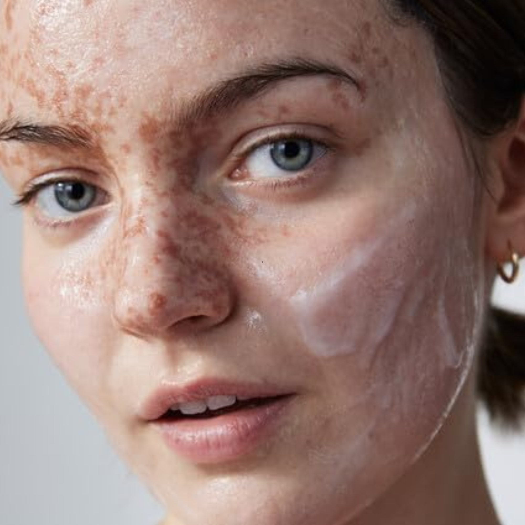 Close-up of a person's face with a neutral background
