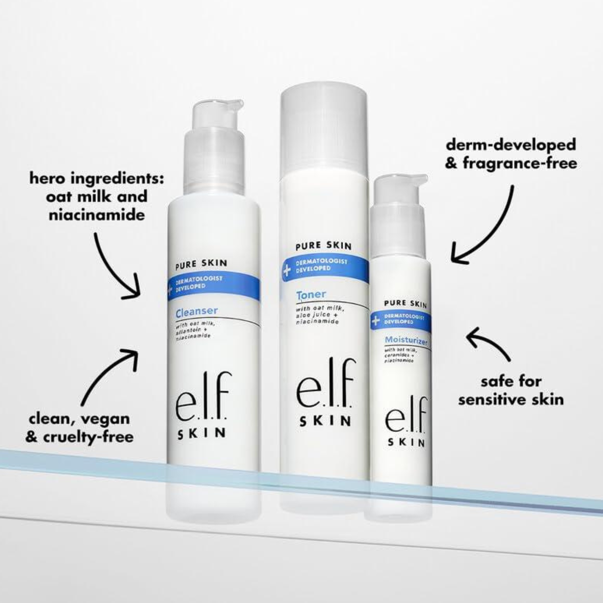elf Skin skincare products with text highlighting features on a white background