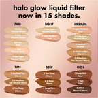 Color swatch chart for halo glow liquid filter with 15 shades on a pink background