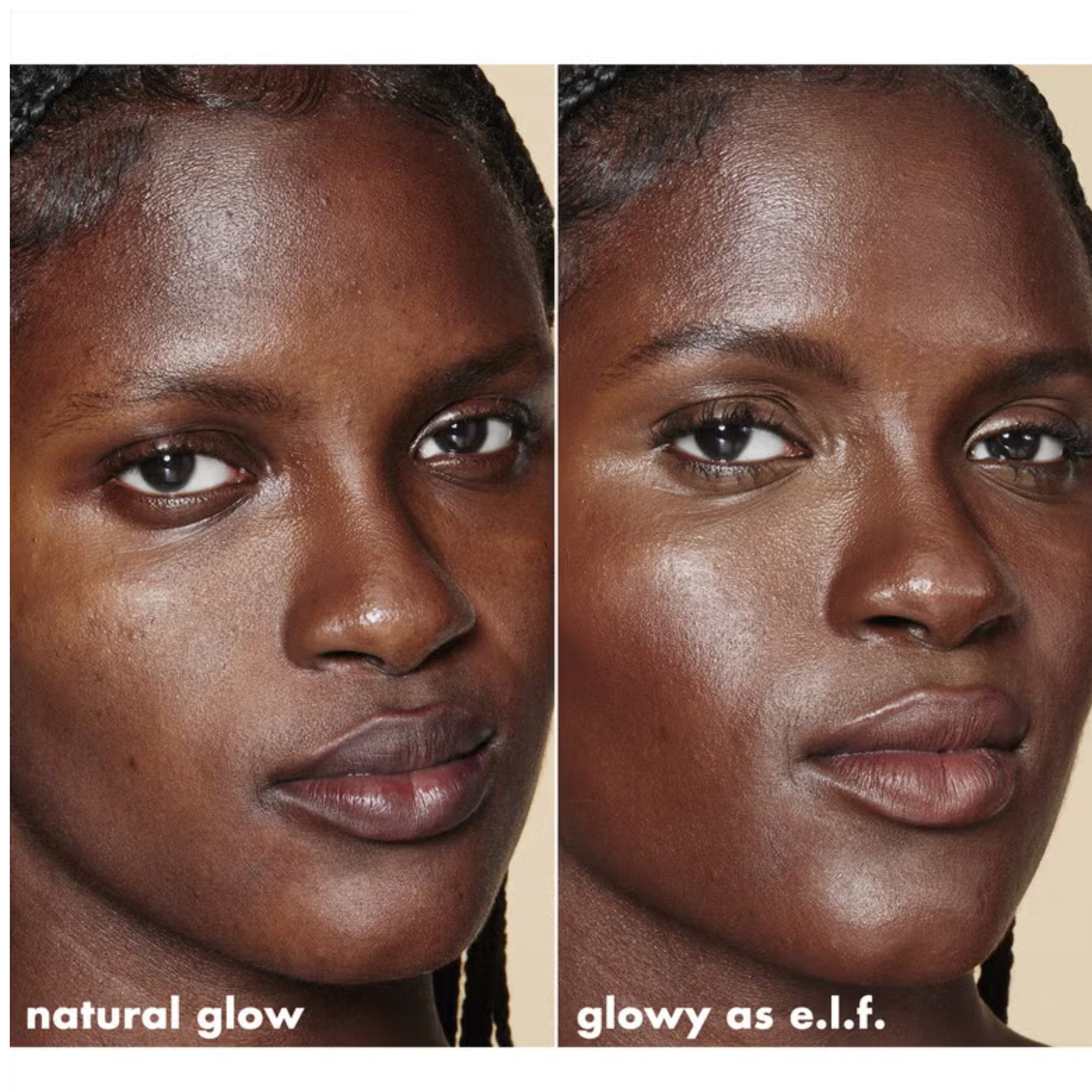 Side-by-side comparison of a woman's face with 'natural glow' on the left and 'glowy as e.l.f