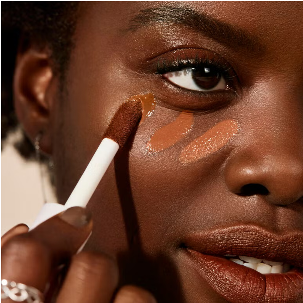 Person applying makeup with a brush on their face