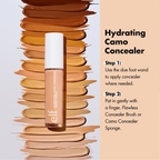 Elf Hydrating Camo Concealer with application steps on a gradient background