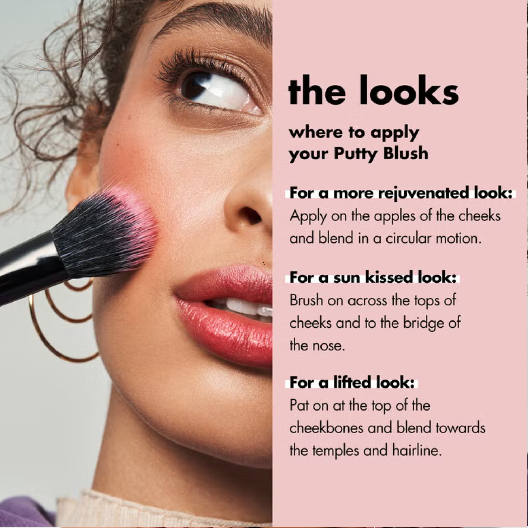 Woman applying blush with a brush, accompanied by instructions on where to apply it for different effects.