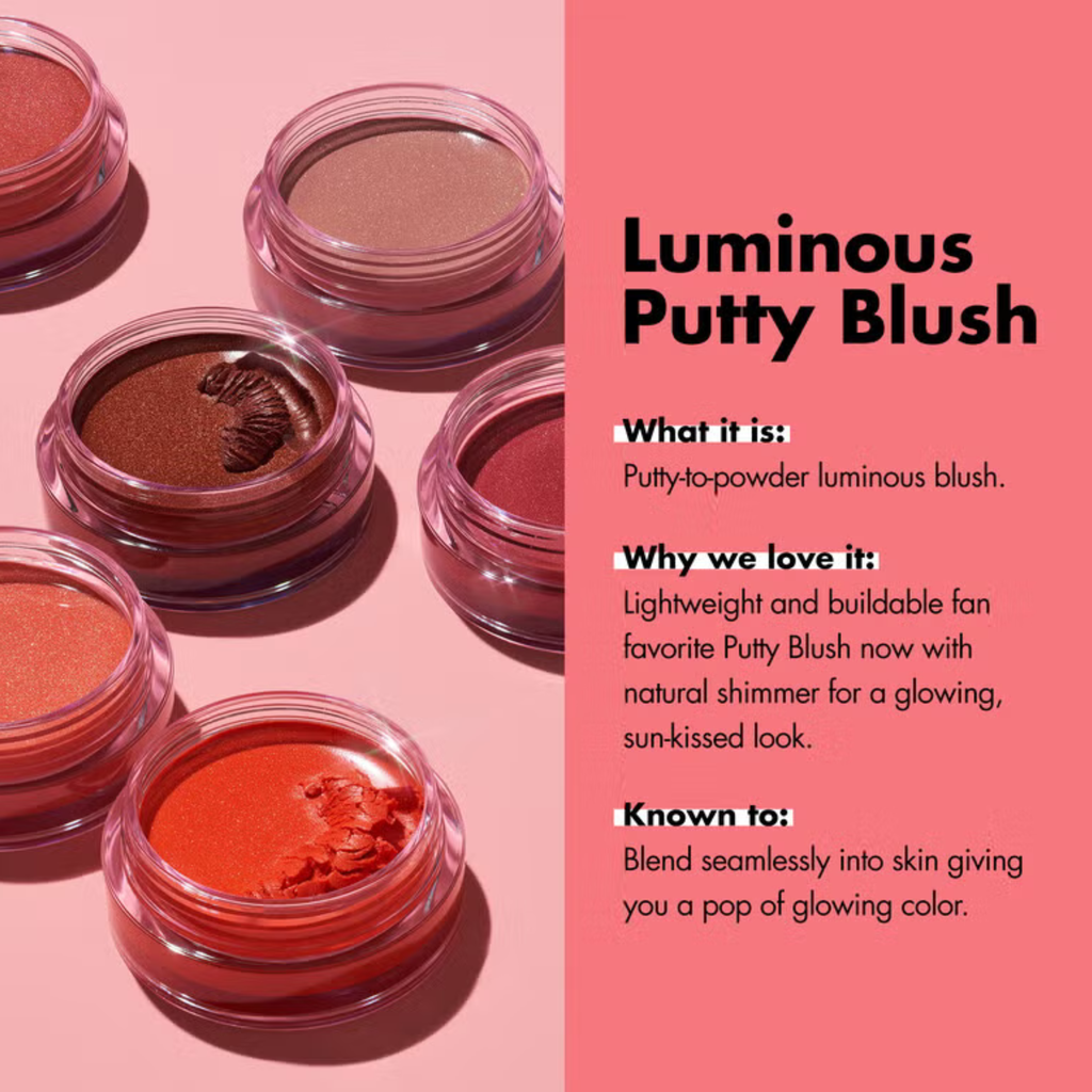 Luminous Putty Blush with color swatches on a pink background