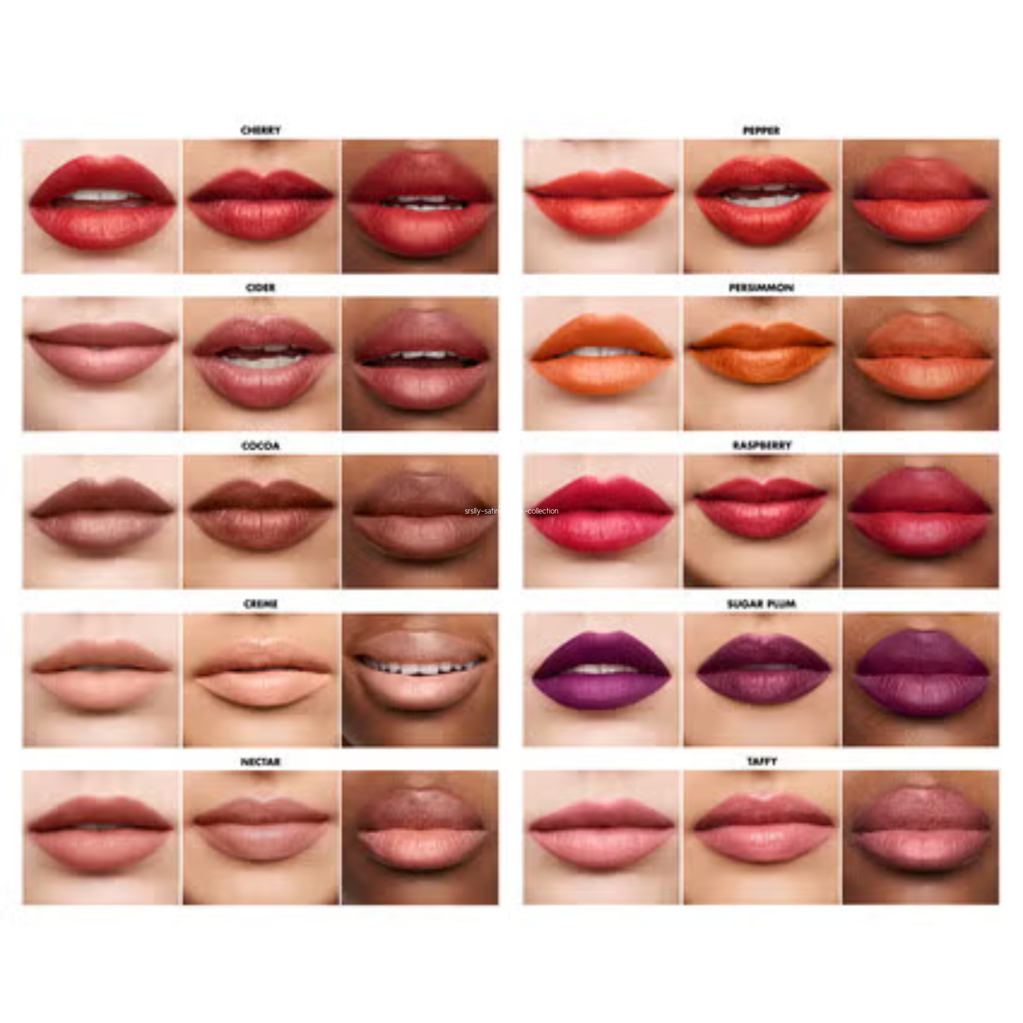 Lip color swatches on a white background