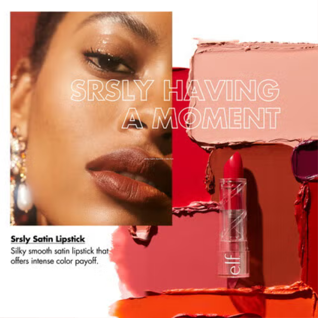 Lipstick with packaging and text 'Srsly Having a Moment' on a red background